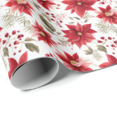 レッドポインセチア花クリスマスベリーの休日 ラッピングペーパー (ロールコーナー)
