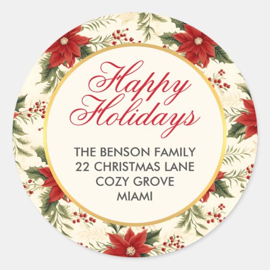 レッドポインセチア花ハッピーホリデーズクリスマス ラウンドシール (正面)