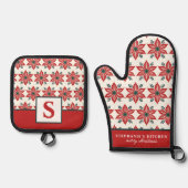 レッドポインセチア花柄フローラ モノグラムの 鍋つかみ&鍋敷きセット (正面)