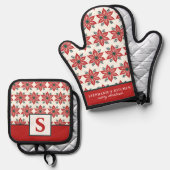 レッドポインセチア花柄フローラ モノグラムの 鍋つかみ&鍋敷きセット (正面/裏面)