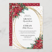 レッドポインセチア金ゴールドグリッター結婚クリスマス 招待状 (正面/裏面)