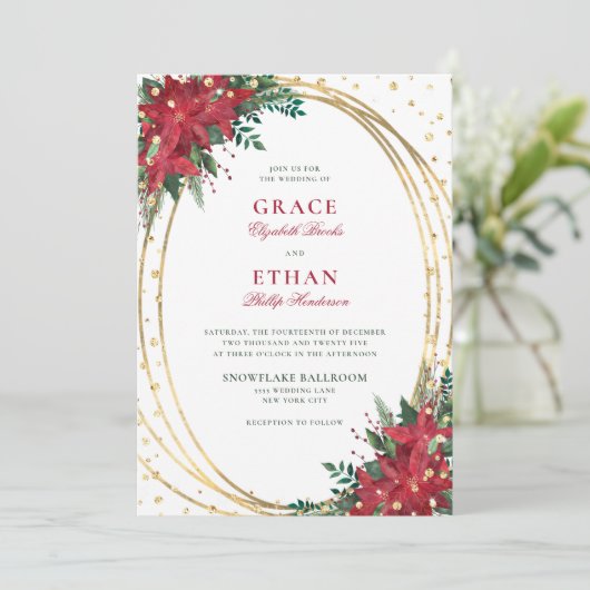 レッドポインセチア金ゴールドグリッター結婚クリスマス 招待状 (スタンド正面)