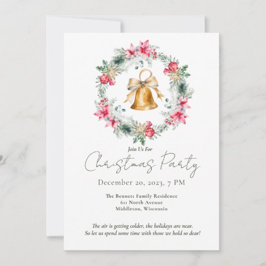 レッドポインセチア金ゴールドスノーフレークスクリスマスリース 招待状 (正面)