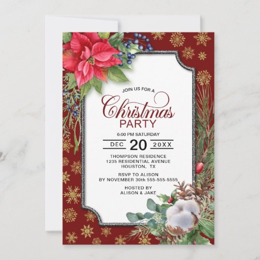 レッドポインセチア金ゴールド雪の結晶クリスマスパーティー 招待状 (正面)