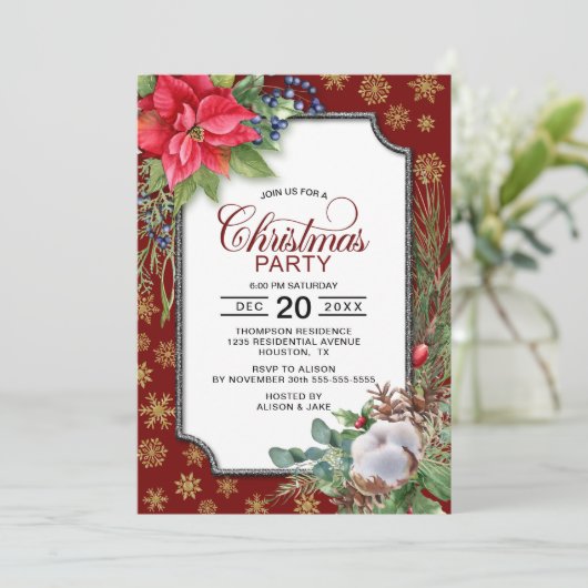 レッドポインセチア金ゴールド雪の結晶クリスマスパーティー 招待状 (スタンド正面)