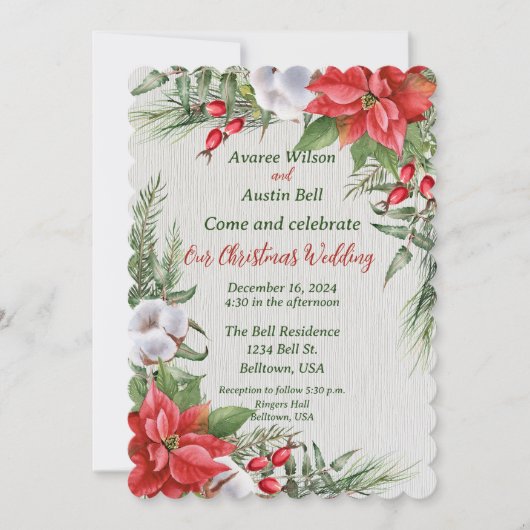 レッドポインセチア離れグリス結婚クリスマス 招待状 (正面)
