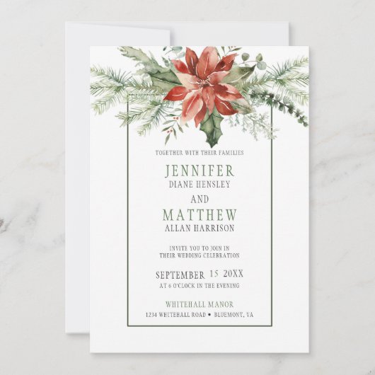 レッドポインセチア&エバーグリーンズガーランド結婚ズ | 招待状 (正面)