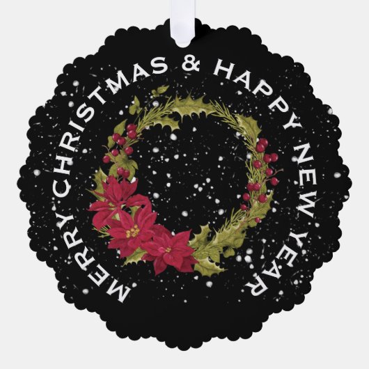 レッドポインセチア・クリスマスリースパーソナライズされた、 オーナメントカード (正面)