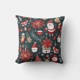レッドポインセチア、サンタクロース、バード、バウブル、雪だるま クッション
