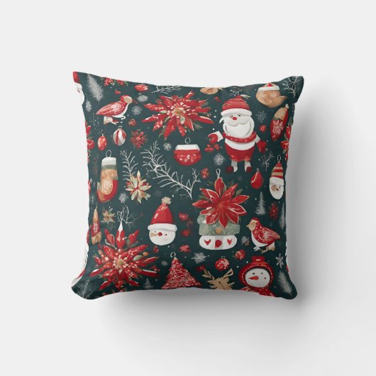 レッドポインセチア、サンタクロース、バード、バウブル、雪だるま クッション (正面)