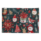 レッドポインセチア、サンタクロース、バード、バウブル、雪だるま 枕カバー (裏面-左)