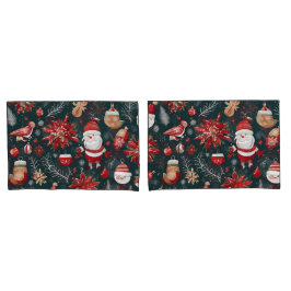 レッドポインセチア、サンタクロース、バード、バウブル、雪だるま 枕カバー