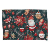レッドポインセチア、サンタクロース、バード、バウブル、雪だるま 枕カバー (正面左)