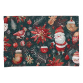 レッドポインセチア、サンタクロース、バード、バウブル、雪だるま 枕カバー (正面右)