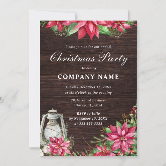 レッドポインセチア&ランタン企業のクリスマス 招待状 (正面)