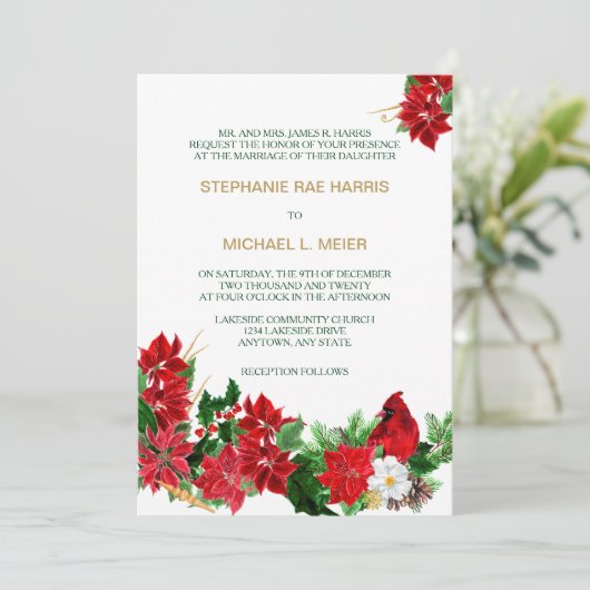 レッドポインセチア(鳥)ショウジョウコウカンチョウクリスマスウェディング招待 招待状 (スタンド正面)