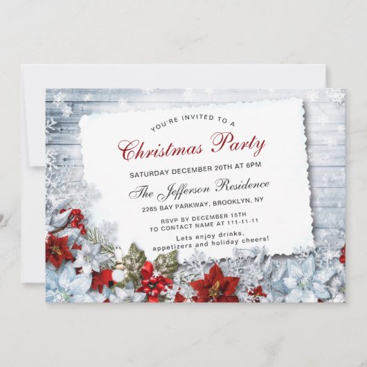 レッドポインセチアHollyクリスマスクリスマスパーティー 招待状 (正面)