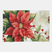 レッドポインセチアHollyクリスマスフローラルパーソナライズ キッチンタオル (横)