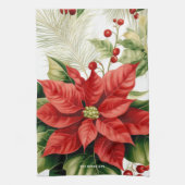 レッドポインセチアHollyクリスマスフローラルパーソナライズ キッチンタオル (縦)