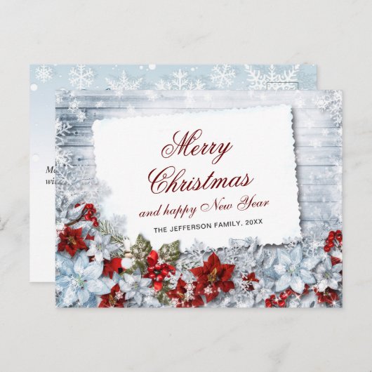 レッドポインセチアHolly素朴クリスマスグリーティング ポストカード (正面/裏面)