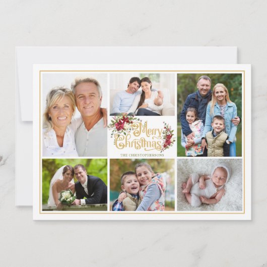 レッドポインセチアMerry Christmas Photo Collage シーズンカード (正面)