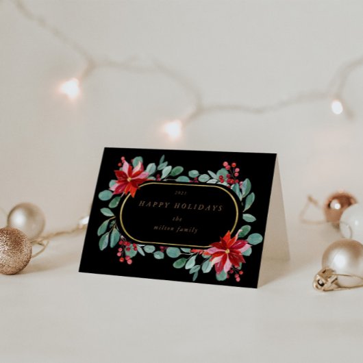 レッドポインセツィアホリデイフローラモノグラムフォールディング カード