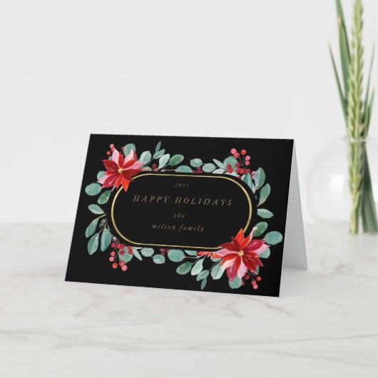 レッドポインセツィアホリデイフローラモノグラムフォールディング カード (正面)