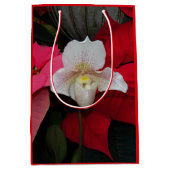 レッドポインセティアアンドレディースリッパーオーキッドホリデー ミディアムペーパーバッグ (正面)