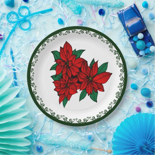 レッドポインセティアクラスタークリスマスフローラホリデー ペーパープレート (パーティー)