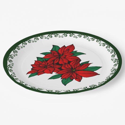 レッドポインセティアクラスタークリスマスフローラホリデー ペーパープレート (アングル)