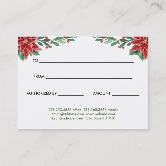 レッドポインセティアクリスマスクリスマスギフト券 割引カード (裏面)