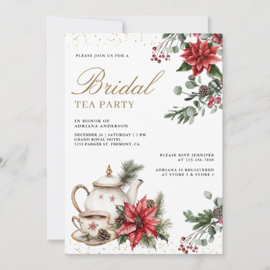 レッドポインセティアクリスマスティーパーティーブライダルシャワー 招待状 (正面)