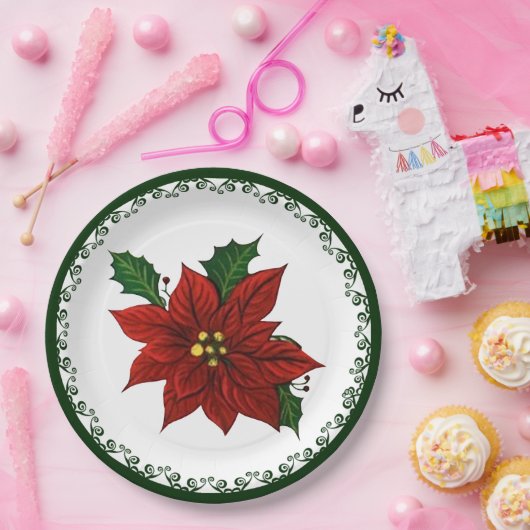 レッドポインセティアクリスマスフローラホリデー ペーパープレート (パーティー)