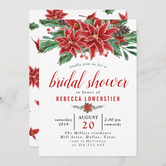 レッドポインセティアクリスマスブライダルシャワー 招待状 (正面/裏面)