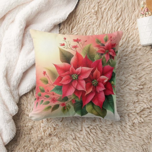 レッドポインセティアクリスマスホリデーウィンターフラワーズ クッション (ブランケット)