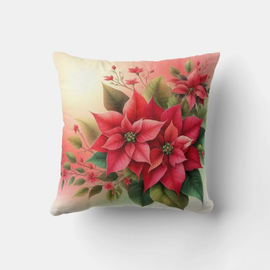 レッドポインセティアクリスマスホリデーウィンターフラワーズ クッション (裏面)