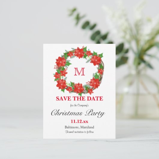 レッドポインセティアクリスマスリースモノグラムホリデイ ポストカード (スタンド正面)