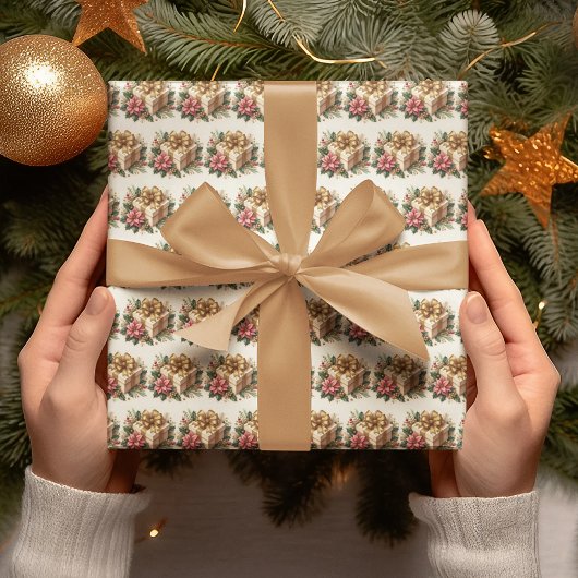 レッドポインセティアコケット金ゴールドボウクリスマス ラッピングペーパー