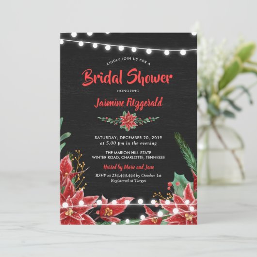 レッドポインセティアシャルクボードクリスマスブライダルシャワー 招待状 (スタンド正面)