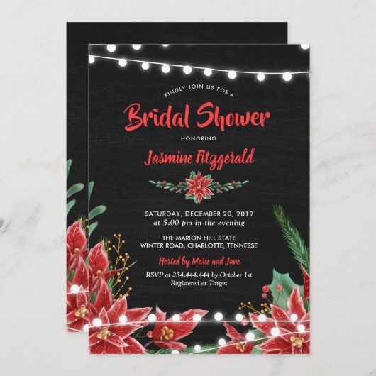 レッドポインセティアシャルクボードクリスマスブライダルシャワー 招待状 (正面/裏面)