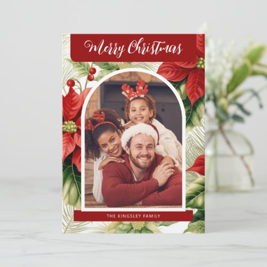 レッドポインセティアスのメリークリスマスパーソナライズされた写真 シーズンカード (スタンド正面)