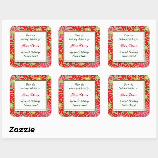 レッドポインセティアスオングリーンのホリデーキッチン スクエアシール (シート)