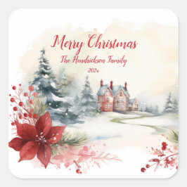 レッドポインセティアスグリーンパインツリークリスマス スクエアシール