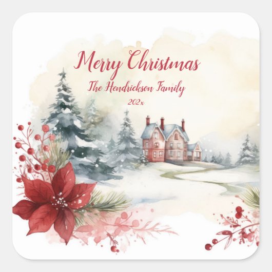 レッドポインセティアスグリーンパインツリークリスマス スクエアシール (正面)
