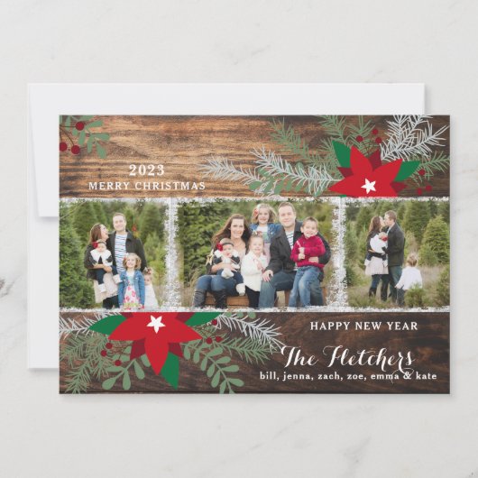 レッドポインセティアスダークウッドメリークリスマスカード 招待状 (正面)