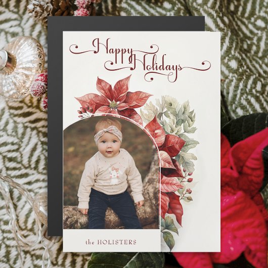 レッドポインセティアスハッピーホリデーズスクリプトアーチフォト