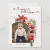 レッドポインセティアスハッピーホリデーズスクリプトアーチフォト シーズンカード (正面)