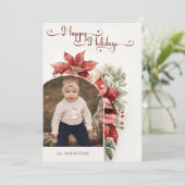 レッドポインセティアスハッピーホリデーズスクリプトアーチフォト シーズンカード (スタンド正面)