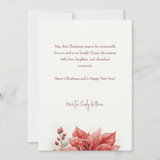 レッドポインセティアスハッピーホリデーズスクリプトアーチフォト シーズンカード (裏面)