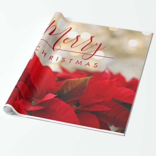 レッドポインセティアスフォトメリークリスマスタイポグラフィ ラッピングペーパー (アンロールド)